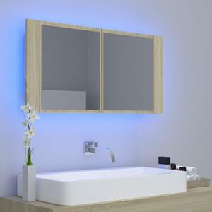 Dulap de baie cu oglindă și LED, stejar Sonoma, 90x12x45 acril