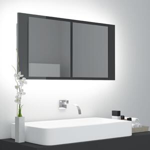 Dulap de baie cu oglindă și LED, gri extralucios, 90x12x45 cm