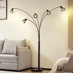 Lindby lampadar Braccio, gri/negru, sticlă, 5 becuri, 204.5cm, Gri, Camera de zi / sufragerie, Sticlă, Modern, Umbrelă în picioare