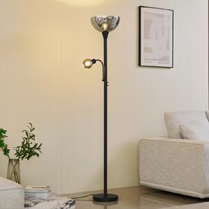 Lindby lampadar Nehemia, negru, sticlă, lumină de lectură, 185 cm, Gri, Camera de zi / sufragerie, Sticlă, Modern, Lumină de lectură