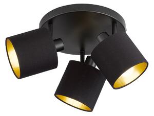 Reality Leuchten Spot de tavan Tommy, negru/auriu, Ø 25 cm, 3 lumini, material textil, reglabil, Negru, Camera de zi / sufragerie, Metal, Modern
