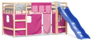 Pat etajat de copii cu perdele, roz, 80x200 cm, lemn masiv pin