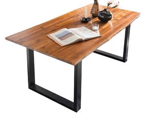 Set masa dreptunghiulara din lemn de salcam cu 4 scaune din piele artificiala maro inchis 160x85 cm