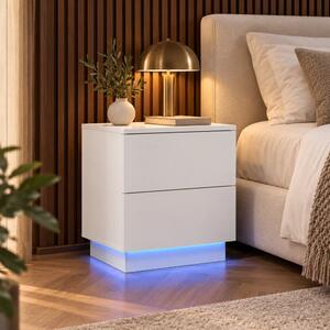 Noptieră cu 2 sertare, iluminare LED, telecomanda, Alb, 45x35x52 cm