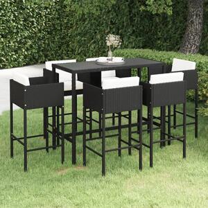 Set mobilier bar de grădină cu perne, 7 piese, negru, poliratan