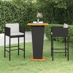 Set mobilier bar de grădină cu perne, 3 piese, negru, poliratan