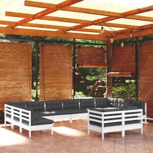 Set mobilier grădină cu perne, 12 piese, alb, lemn masiv pin
