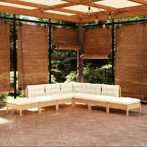 Set mobilier grădină cu perne crem, 7 piese, lemn de pin