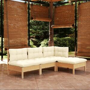 Set mobilier grădină cu perne, 4 piese, crem, lemn de pin