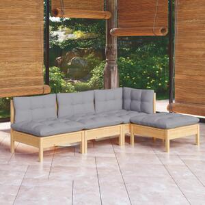 Set mobilier grădină cu perne, 4 piese, gri, lemn de pin