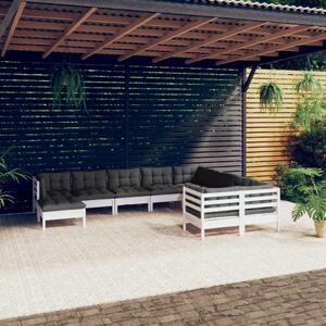 Set mobilier grădină cu perne, 10 piese, alb, lemn de pin