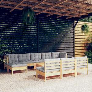 Set mobilier grădină cu perne gri, 11 piese, lemn de pin