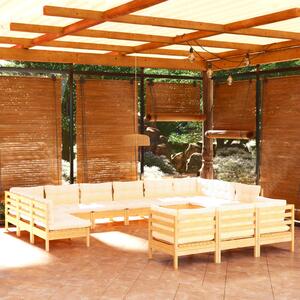 Set mobilier grădină cu perne, 13 piese, crem, lemn de pin