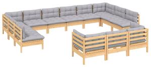 Set mobilier grădină cu perne, 13 piese, gri, lemn de pin