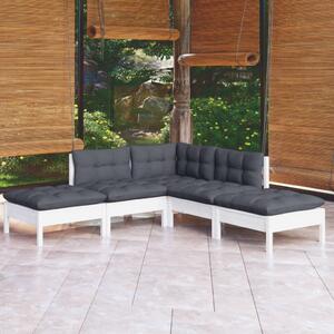 Set mobilier grădină cu perne, 5 piese, alb, lemn de pin