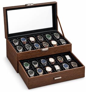 Cutie organizatoare Pufo Luxury pentru 24 ceasuri, cu 2 niveluri, sertar, capac transparent si interior negru, caseta eleganta pentru depozitarea si expunerea ceasurilor, maro