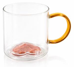 Cană cu model 3D inimioară portocalie, pereți dubli, sticlă borosilicată și inserție de sclipici, 300 ml, Aurora Glow