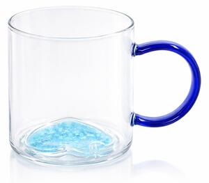Cană cu model 3D inimioară albastra, pereți dubli, sticlă borosilicată și inserție de sclipici, 300 ml, Aurora Glow