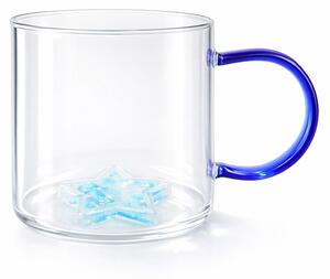 Cană cu model 3D steluță albastră, pereți dubli, sticlă borosilicată și inserție de sclipici, 300 ml, Aurora Glow