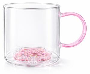 Cană cu model 3D floare roz, pereți dubli, sticlă borosilicată și inserție de sclipici, 300 ml, Aurora Glow