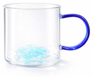 Cană cu model 3D floare albastră, pereți dubli, sticlă borosilicată și inserție de sclipici, 300 ml, Aurora Glow