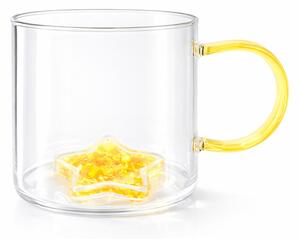 Cană cu model 3D steluță galbenă, pereți dubli, sticlă borosilicată și inserție de sclipici, 300 ml, Aurora Glow
