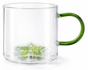 Cană cu model 3D steluță verde, pereți dubli, sticlă borosilicată și inserție de sclipici, 300 ml, Aurora Glow