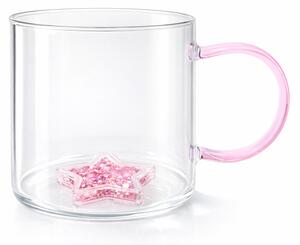Cană cu model 3D steluță roz, pereți dubli, sticlă borosilicată și inserție de sclipici, 300 ml, Aurora Glow