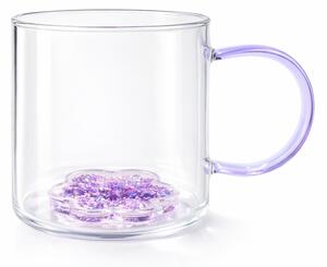 Cană cu model 3D floare mov, pereți dubli, sticlă borosilicată și inserție de sclipici, 300 ml, Aurora Glow