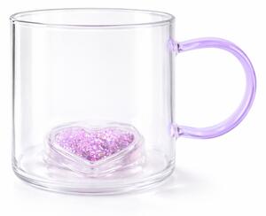 Cană cu model 3D inimioară mov, pereți dubli, sticlă borosilicată și inserție de sclipici, 300 ml, Aurora Glow