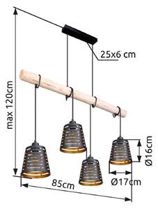 Globo Lampă suspendată Ablona, lungime 85 cm, negru/auriu, metal, reglabil, Negru, Camera de zi / sufragerie, Lemn, Modern