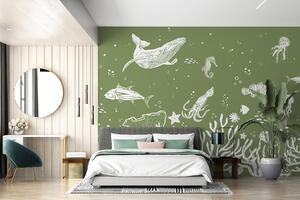 Fototapet Un desen de viață marină pe un fundal verde, Fototapet mare, Fototapet populare, w00850v2 - Tapeko.ro