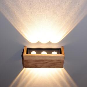 FISCHER & HONSEL Aplică de perete LED Shine-Wood, lățime 21 cm, stejar/negru, lemn, Lemn, Camera de zi / sufragerie, Lemn