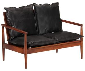Canapea cu 2 locuri, negru, piele naturală & lemn masiv acacia