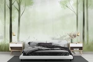 Fototapet Pădure cețoasă cu copaci și iarbă, Fototapet natură, Fototapet populare, w01563v2 - Tapeko.ro