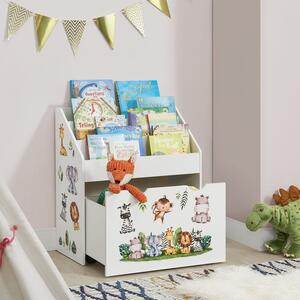 Bibliotecă pentru copii cu 3 compartimente și cutie extensibilă pentru jucării