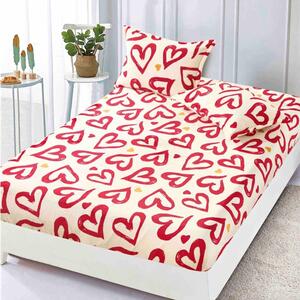 Husa de pat, 2 persoane, cocolino, 3 piese, cu elastic, 180x200cm, crem, cu inimioare roșii, HPC130