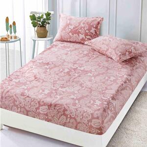 Husa de pat, 2 persoane, cocolino, 3 piese, cu elastic, 180x200cm, roz pudrat, cu model alb, HPC128
