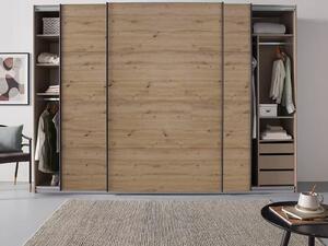 Dressing 315 cm lungime, 3 uși glisante, compartimentare premium, culoare stejar, 229 cm înălțime