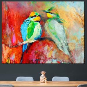 Tablou Canvas Premium, LuxCanva® M1036, Prietenie in Acuarela, Pasari, Prietenie, Pictura, Ramura, Contrast, Culoare, Caldura, Exotic, Natura, Birou, Living, Camera Copil