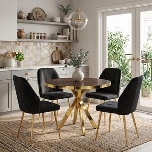 Set Masă Bucatarie Rotundă Tania X Wenge Gold cu 4 Scaune Elira Negre, Blat PAL, Picioare Aurii, Ø90 × 75 cm