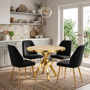 Set Masă Bucatarie Rotundă Tania X Stejar Gold cu 4 Scaune Elira Negre, Blat PAL, Picioare Aurii, Ø90 × 75 cm