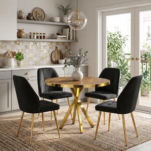 Set Masă Bucatarie Rotundă Tania X Nuc Gold cu 4 Scaune Elira Negre, Blat PAL, Picioare Aurii, Ø90 × 75 cm