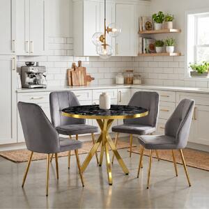 Set Masă Bucatarie Rotundă Tania X Negru Marmorat Gold cu 4 Scaune Elira Gri, Blat PAL, Picioare Aurii, Ø90 × 75 cm