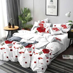 Lenjerie de pat, 2 persoane, finet, 6 piese, alb , cu trandafirii rosii Eiffel LF258