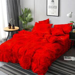 Lenjerie de pat, 2 persoane, finet, 6 piese, rosu , cu trandafiri rosii LF256