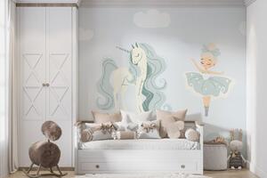 Fototapet Desen animat de o fată și un unicorn, Fototapet unicorni, Fototapet populare, w02965 - Tapeko.ro