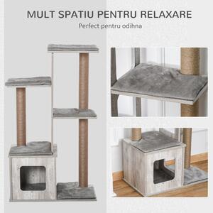 PawHut Copac Zgâriat Pisici, Multinivel, Căsuță, Frânghii Iuta, Design Compact, 67x38.5x114 cm, Gri | Aosom Romania