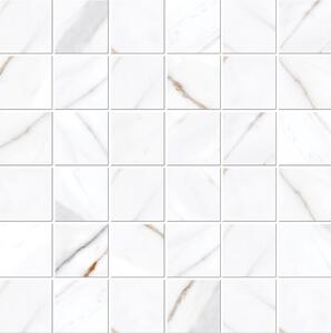 Faianta baie glazurata Mozaic Statuario Cesarom, lucioasa, aspect marmura, nuante alb, patrata, 30 x 30 cm