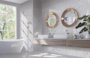 Faianta baie glazurata Cesarom Statuario, lucioasa, aspect marmura, nuante alb, dreptunghiulara, nerectificata, 9 placi, 50 x 25 cm